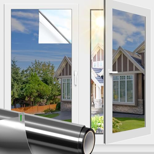 FILMGOO Pellicola protettiva a specchio per finestre, autoadesiva, anti UV, protezione solare, termoisolante per casa e ufficio (argento nero, 44,5 x 200 cm)