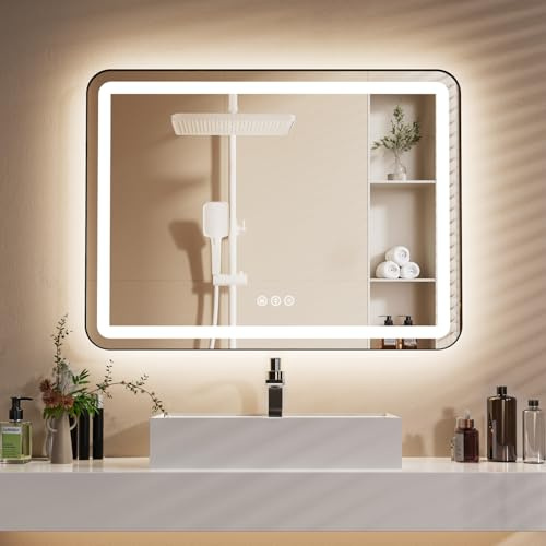 VEIOBFSA 48 x 36 LED Bathroom Mirror with Backlit & Frontlit, Anti-Fog, Dimmable 3-Color Lights, Shatterproof, Black Frame, Rounded Corners - Wall Mount Vanity Mirror