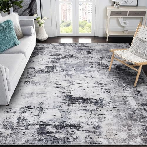 CAROMIO Waschbarer Abstrakter Teppich 120x170 cm Wohnzimmer Niederflor Grau Weiß | Moderne, minimalistische Teppiche für Schlafzimmer, Büro, rutschfester Teppich für Esszimmer, Kinderzimmer
