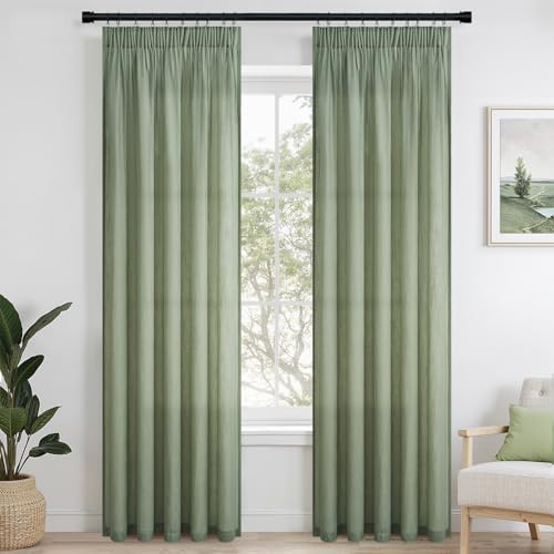 Topfinel Vorhänge Salbeigrün Leinen Gardinen Wohnzimmer Vorhang mit Kräuselband Halbtransparent Voile 225x140cm Gardine für Schienensystem 2er Set