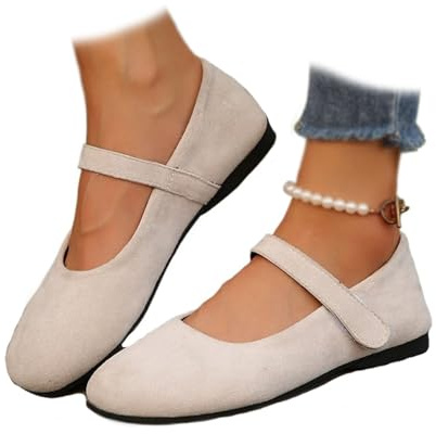 Ballerine ortopediche in camoscio Mary Jane da donna, comode, slip-on, punta rotonda, ampia larghezza, punta chiusa, scarpe piatte con cinturino, bianco, 43 EU