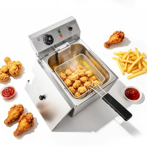 Hakka Friteuses électriques Professionnelles, Grande Capacité 13 L, en Acier Iinoxydable, Avec égouttoir, Panier et Couvercle, Cuve Simple(220V, 3000W)