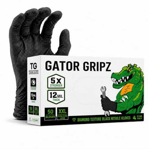 TG TOUGH GLOVE Gator Gripz Black Nitrile Gloves XXL, Diamond Grip, 50 Pack | diamond texture, disposable, powder free, latex free, strong, heavy duty