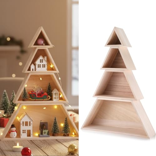 AceOrbit Großes Weihnachtsbaum-Regal aus Holz mit 4 Etagen, ca. 140 x 41 x 9 cm, Baumförmige Leiterregale für Winter, Weihnachtsdekoration, Tafelaufsatz, Zuhause, Wohnzimmer, Schlafzimmer, Dekoration