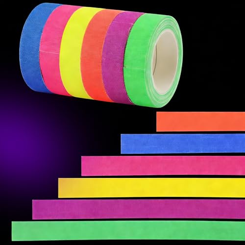 NXPUXP 6 Rollen Neon Klebeband Bunt,UV Schwarzlicht Klebebänder,Schreibbar,Leuchtend Gaffers Tapes für Partydeko Halloween Handwerk