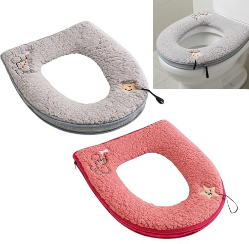 PSFXBM Toilet Seat Covers, 2 Pack Flannel Padded Toilet Seat Cushion, Soft Washable Toilet Seat Cover for Adults, Padded Toilet Seat Cushion Cozy Breathable Reusable Washable, Red and Grey