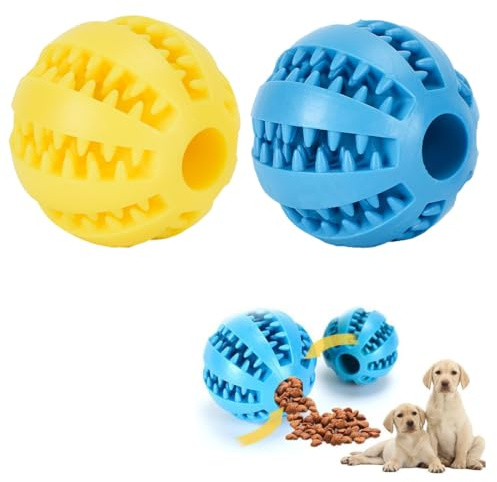 WIRZUL 2 Stück Interaktiver Leckerli-Spender, Hundespielzeug, Gummiball für Welpen, kleine Hunde, Langeweile, Zahnreinigung, IQ-Training (6 cm, Blau + Gelb)