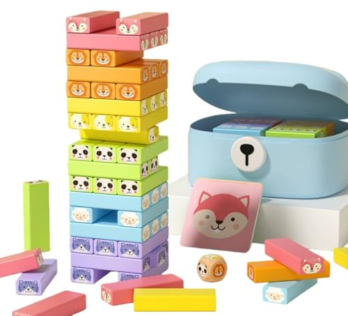 bergxperten Geschicklichkeitsspiel Wacky Tower“ aus Holz mit Tieren，für Kinder 3-9 J., Familien-Gesellschaftsspiel mit Bauklötzen, Karten, Würfel & Aufbewahrungsbox