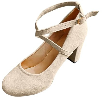 Dampumps eleganta och bekväma, Mary Jane-skor dam blockklack brudskor mocka snörskor med justerbara remmar dansskor enfärgade festskor andas sommarskor, Beige, 35 EU
