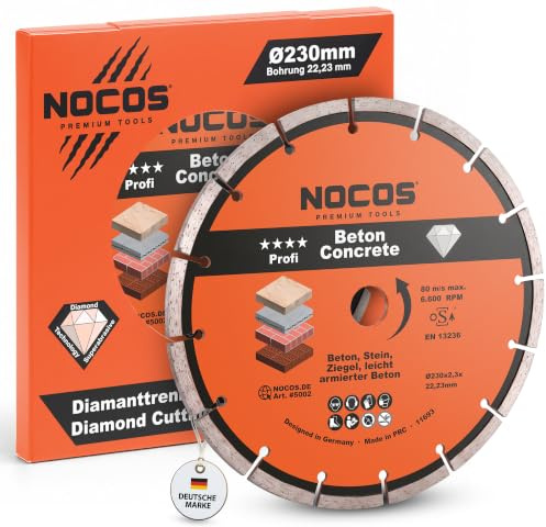 NOCOS Profi Diamantscheibe 230 mm für Beton, Stein, Ziegel und weitere Baustellenmaterialien - Diamant Trennscheibe für Winkelschleifer