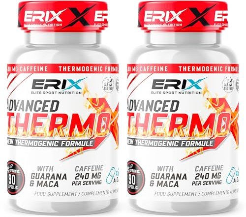 ERIX Nutrición Thermo-X Pack de 2 Quemagrasas Termogénico 180 Cápsulas | Pre-Entreno, Energía Extrema con Cafeína, Guaraná, Maca y Té Verde, Acelera el Metabolismo