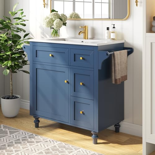 Rosebibi Armadio da bagno a parete con sgabello integrato 2 in 1, lavabo in ceramica brillante, cristallo in rilievo e maniglie dorate, armadio sottolavabo per bagno (blu)