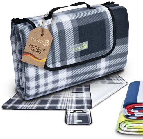 Beautissu XXL Picknickdecke Wasserdicht Isoliert Bella – Tragbare Stranddecke 200x200 cm kompakt – Strandmatte Outdoor Decke für Camping Wandern Reisen Schwimmbad – Picnic Blanket Campingdecke Grau