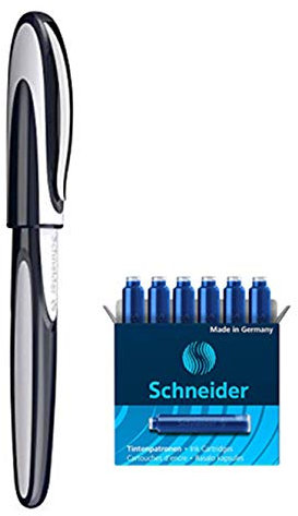 Schneider Patronenroller Ray (Tintenroller mit Edelstahlspitze, inkl. Tintenpatrone, Made in Germany) (blau/grau + 6 Patronen extra, Tintenroller + 6 Patronen)