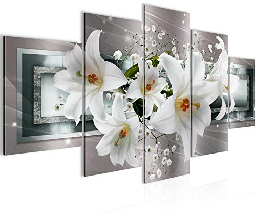Runa Art Bild Wohnzimmer Schlafzimmer Blumen Lilien 5 Teilig Abstrakt Grau Beige Wandbilder auf Vlies Leinwand 204753c