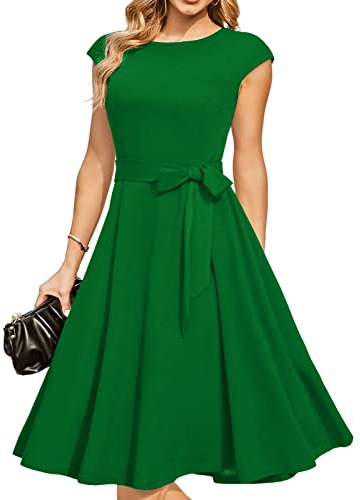 DRESSTELLS - Vestido para mujer con mangas casquillo, ideal para fiestas, bailes de graduación y cócteles - Verde - Small