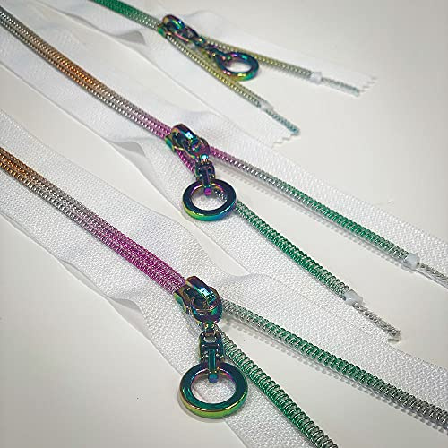 Plush Addict Reißverschlüsse mit Regenbogen-Zähnen, zum Nähen mit Metallringabziehern, für Kurzwaren, Polster oder Bastelprojekte, Weiß, 15 cm