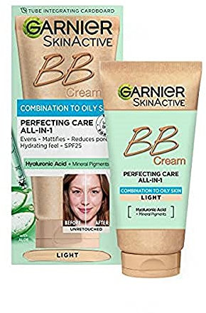 Garnier Oil-Free Perfecting All-in-1 BB Cream, Shade Light, Tinted Moisturiser SPF25, Mattifies Skin & Evens Complexion, With Hyaluronic Acid, Aloe & Mineral Pigments, 50ml