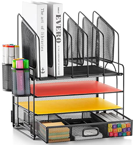 Marbrasse Desk Organizer with Drawer, 4-Tier Mesh File Organizer with 5 Vertical File Holders and 2 Pen Holders, Multifunction Desktop Organizer,Desk Organizers and Accessories for Home Office