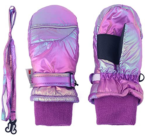 F Flammi Toddler Kids Snow Mittens with String Waterproof Ski Mittens Thinsulate Winter Gloves for Baby Girls Boys(Blink Purple,0-2)