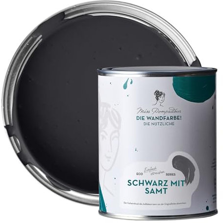 MissPompadour abwaschbare Wandfarbe Schwarz mit Samt 1L - hohe Deckkraft & Ergiebigkeit - matte, scheuerbeständige Innenfarbe - geruchsarm, wasserbasiert, atmungsaktiv - Die Nützliche