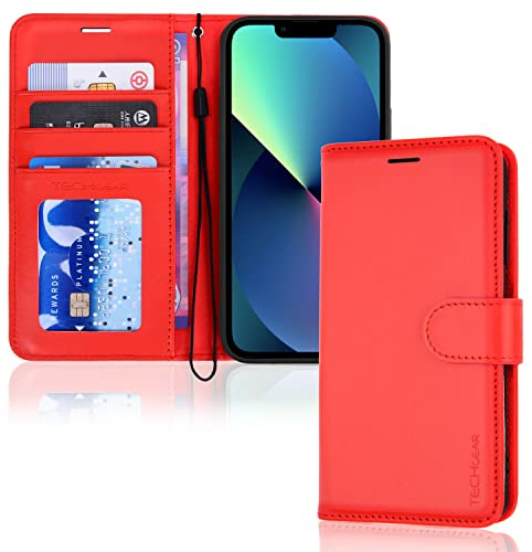TECHGEAR Etui iPhone iPhone 14 Plus Portefeuille - Housse en Cuir avec Rabat de Protection, Fentes pour Cartes, Béquille et Dragonne, Cuir PU Rouge Compatible avec iPhone 14 Plus 6.7