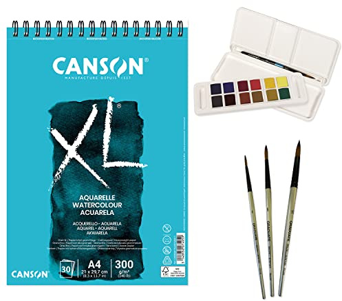 Pack Bloc Canson XL Aquarelle A4 con 30 Hojas, Acuarelas 12 Aquafine Travel Set Daler Rowney y 3 Pinceles Redondos. Set Completo de Acuarela Profesional para Todas las Edades - Ofituria
