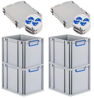 PROREGAL SuperSparSet 4x Eurobox NextGen Color mit Auflagedeckel & Schiebeschnappverschlüsse, HxBxT 32x30x40cm, 30L, Griffe blau geschlossen, Glatter Boden, Eurobehälter Transportbox Transportbehälter