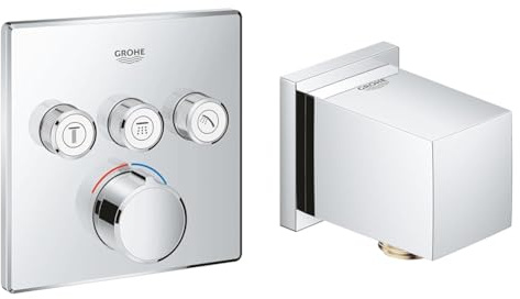 GROHE Smartcontrol - Unterputzmischer mit 3 Absperrventilen, eckig, chrom, 29149000 & Euphoria Cube - Wandanschlussbogen (Außengewinde, Eigensicher gegen Rückfließen, langlebige Oberfläche), chrom