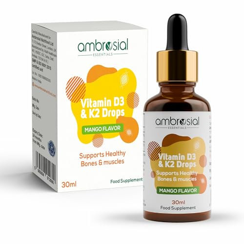 Ambrosial Vitamin D3 K2 Drops - Liquid Supplement for Adults & Kids, Mango Flavor, High Strength, 500 IU Vitamin D3, 50 mcg Vitamin K2, Gluten Free, Vitamin D Drops, for Immune System Vitamins- 30 ml