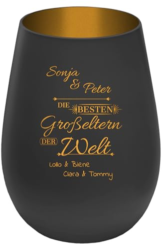 Windlicht mit Gravur Beste Großeltern - personalisierbar mit Namen - Schwarz/Gold - Höhe 12 cm - Geschenk Teelichthalter Oma Opa