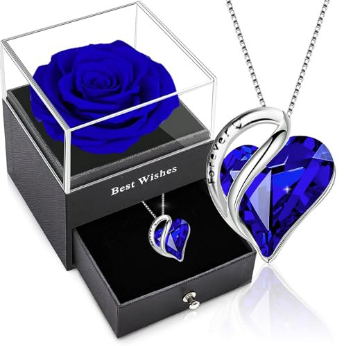 Ewige Roses mit Kette Ssaphirblau,Blau Infinity Rosen mit Geburtsstein,Königsblau Konservierte Rose Geschenkbox,Kristall Herz Halskette,Damen Sapphire Anhänger am Valentinstag Weihnacht Muttertag
