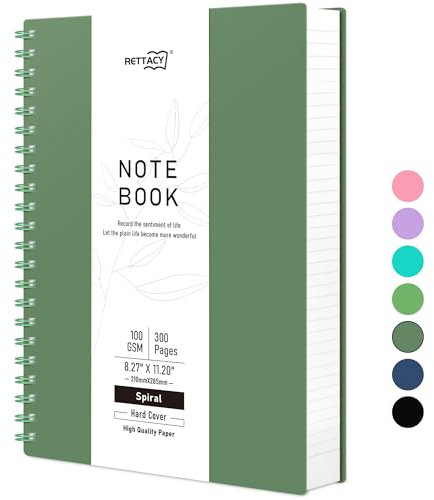 RETTACY Notizbuch A4 Gepunktetes, Bullet Dot Journal, Spiral-Notizbücher 150 Blatt/300 Seiten zum Schreiben, 100gsm, PVC Hardcover, für Frauen Männer Arbeit Büro Schule, 21.5 x 27.9cm – Dunkelgrün