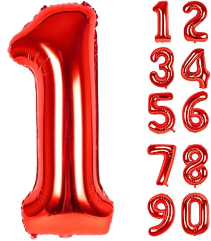 LAPONO Zahlen Luftballon 1 Rot, Folienballon Zahl 82 × 38 cm, Helium Geeignet mit Aufblashalm, Selbstschließendes Ventil, Geburtstag Deko Party Foto für 1 10 18 21 Jahre, Jubiläum Tischdeko