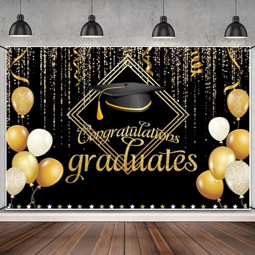 MIRRORANG 1,8x1,1m Schwarz Gold Gratulation Absolventen Banner, Graduation Banner, Glitter Ballons Cap Graduation Party Dekoration, Congrats Grad Dekorationen Backdrop