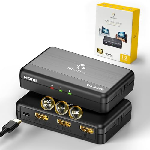 SHERRIVA 8K@60Hz 1 en 2 sortie HDMI Splitter, 4K 120Hz HDMI Duplicateur, HDR, HDCP 2.3 2 2 Port Splitter, compatible avec Xbox Series X, PS4 Pro, PS5, lecteur Blu-ray. HDCP2.3 48 Gbps.