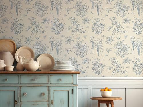 Vintage Toile French Country Fabric Peel and Stick Wallpaper - Blue and White Self-Adhesive Wallpaper for Bedroom, Living Room, Bathroom, Accent Wall - Works on Textured Wall and Easy Installation