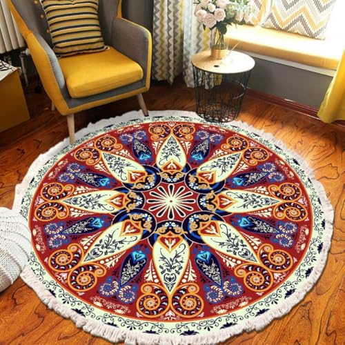Tomifine Rotondo Tappeto con Nappe Mandala Motivo Tappeti Tessuto Bohémien per Soggiorno, Camera da letto, Lavabile (90 cm,Arancio Marrone)