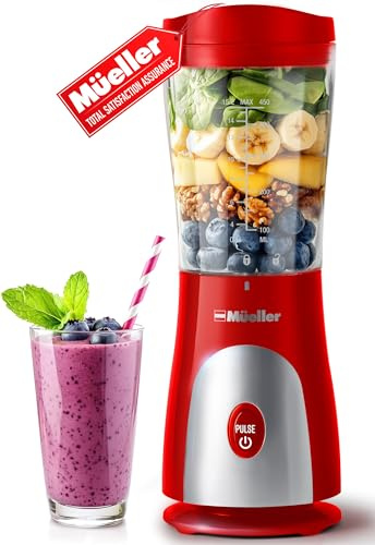 Mueller Heavy-Duty Personal Blender for Shakes and Smoothies with a 15 Oz Travel Cup and Lid, Juices, Baby Food, Portable Blender & Food Processor, Red