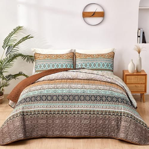 WONGS BEDDING Couvre-lit 200 x 220 cm, style bohème, 3 pièces, lit double, en microfibre, avec 2 taies d'oreiller, 50 x 75 cm, pour chambre à coucher, jeté de canapé, marron