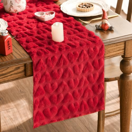 Artoid Mode Weich Plüsch Samt Faux Pelz Jacquard Rot Herz Valentinstag Tischläufer, Küche Tisch Dekoration Urlaub Party Dekor 33x183 cm