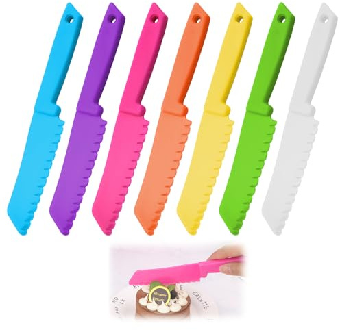 7 Pieces Kids Knife Set for Chopping Colorful Plastic Child Toddler Friendly Safe Knives Reusable Nylon Chef Knife Children's Safe Cooking Knives for Baking, Fruit, Bread, Cake, Lettuce