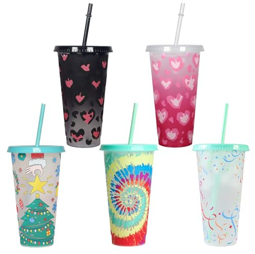 Tel Charme * 5 design unici 680,4 g, tazze che cambiano colore con coperchi e cannucce, bicchieri termici riutilizzabili per bevande fredde, caffè freddo, frullati, tazze da viaggio per bambini e
