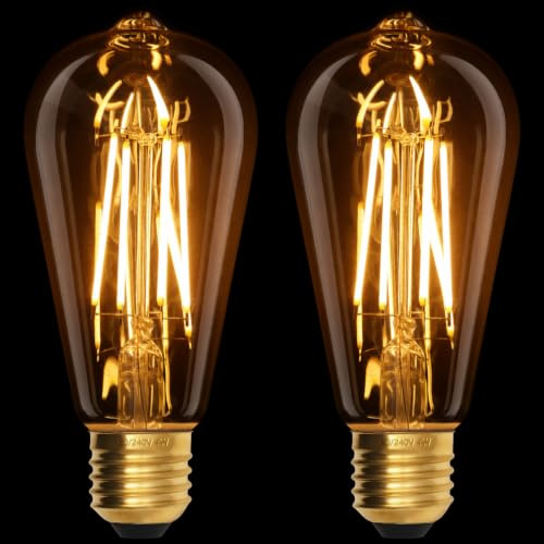 Terafeels 2 Pack E27 Vintage LED Light Bulbs, ST64, 4W, 220-240V, 2700K Warm White Glow, Amber Glass, Edison Screw in Light Bulb