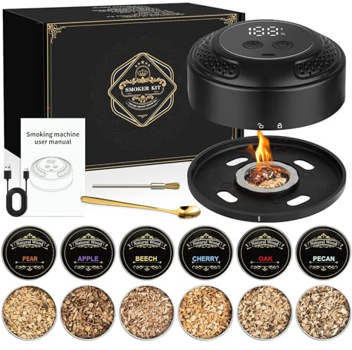Electric Whiskey Smoker Kit - Rechargeable Cocktail Smoker with Built-in Lighter & 6 Wood Chips | Ideal Gift for Men, Dad, Husband