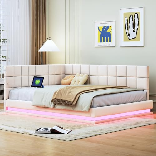 Lahoomu Polsterbett Schlafsofa 140 * 200 Multifunktionsbettmit LED Lichtleiste, USB Steckdose und Lattenrost, Hautsympathischer Samtstoff Beige