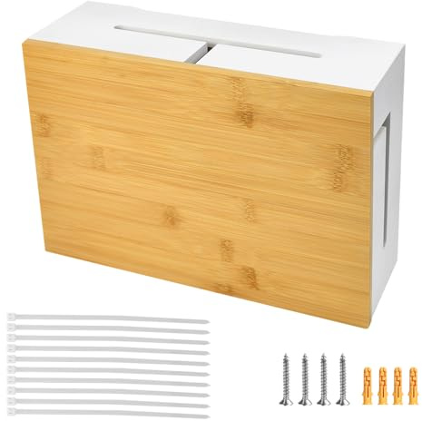 Zuxbolf Boîte de Rangement pour Câbles, Rangement Cable Bureau Électrique avec Couvercle en Bambou et Attaches de Câbles, 32 * 20.5 * 9cm Boîte de Rangement pour Prises et Câbles Électriques (Noir)
