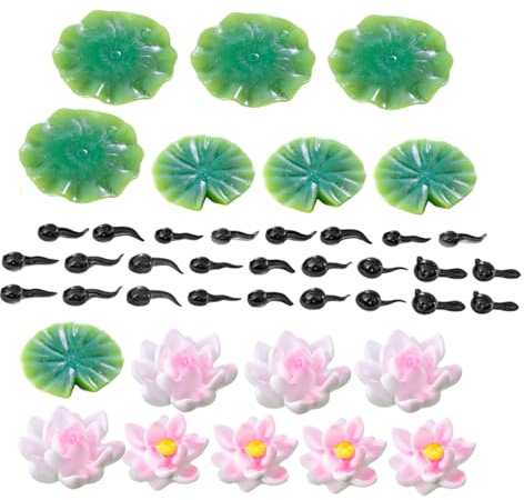 Levemolo Décor Miniature Étang avec Figurines Résine Grenouille Têtards Nénuphars Flottants et Fleurs Artificielles pour Aquarium et Jardin Féerique