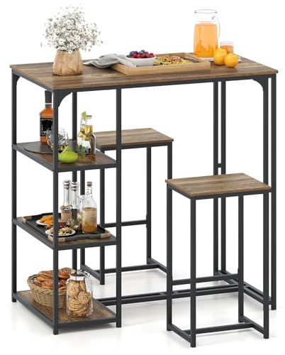 GIANTEX Set di mobili da bar, 3 pezzi, tavolo da bar 110 x 60 cm con 2 sgabelli alti, 3 ripiani aperti, struttura in metallo, per 2 persone, per cucina, soggiorno