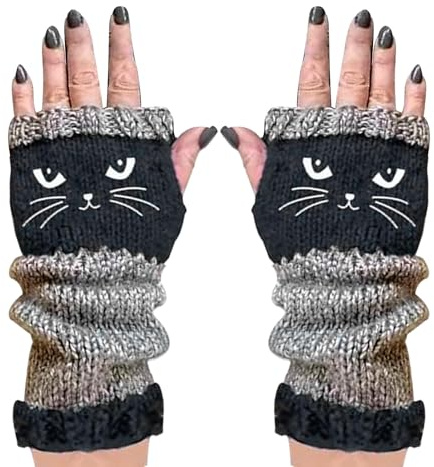 Gestrickte Fingerlose Handschuhe – Warme Handschuhe Mit Offenen Fingern, Katzen-Stickerei, Wärmender Warmer Strickhandschuh Für Den Außenbereich, Für Katzenliebhaber, Frauen, Mädchen, Damen, Mütter, T